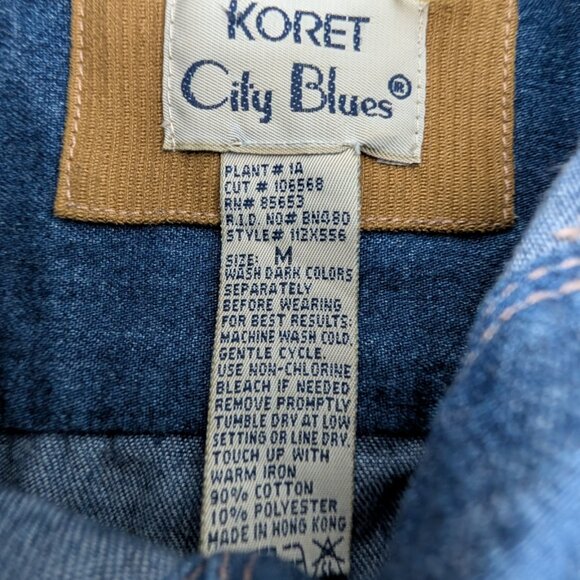 VTG Dark Wash Denim Blue Chambray Tan Suede Collared Tie Pocket Button Up Shirt - Picture 6 of 6